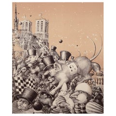 Jeppe Eisner, listed Danish artist. Color lithograph, depicting a city festival.