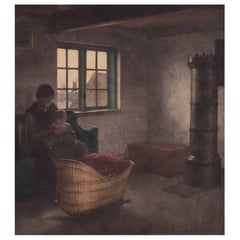 Peter Ilsted. Escena interior con madre e hijo. Mezzotinta en color sobre papel.