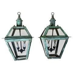 Pair Of Vintage Square Handcrafted Copper Hanging Lanterns