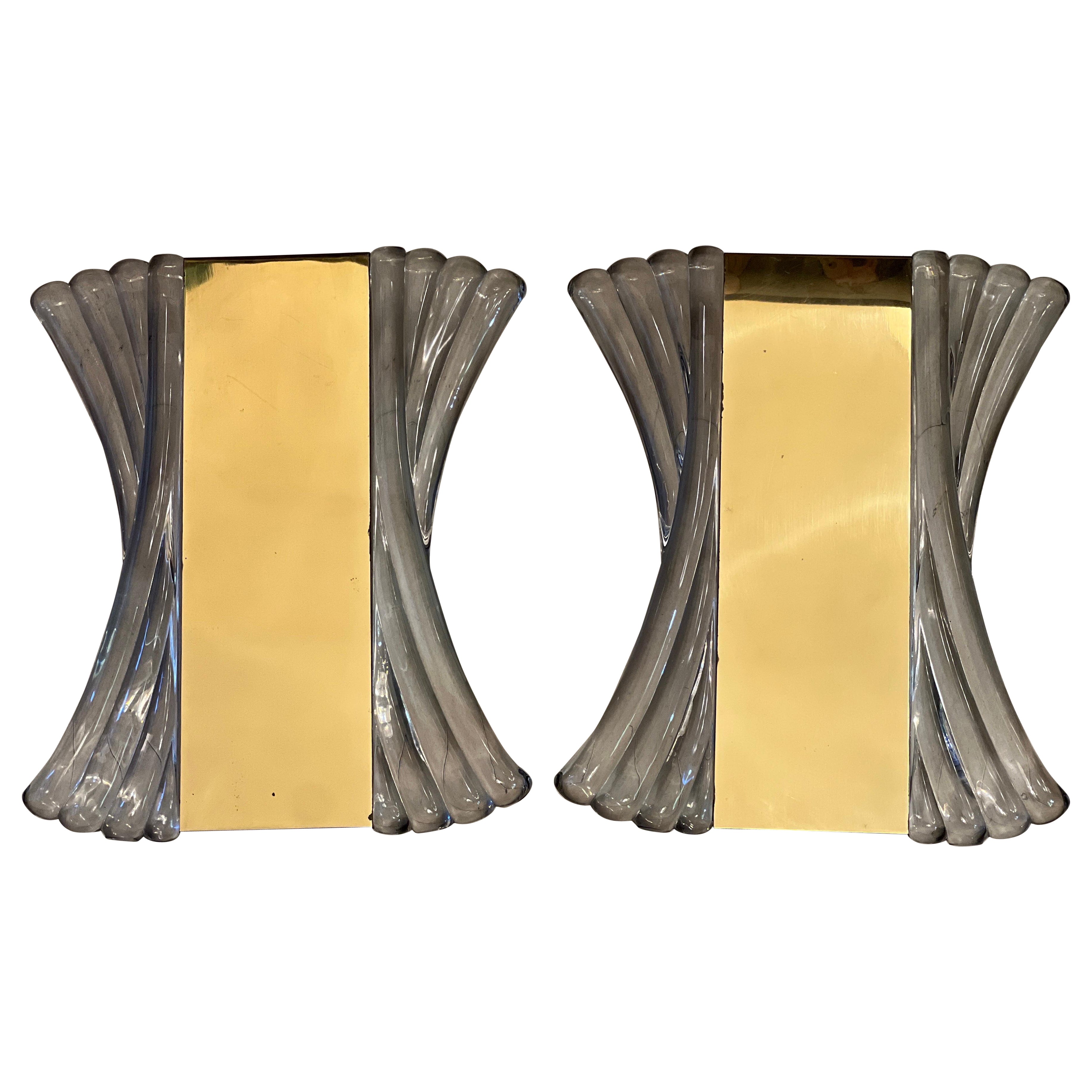 Pair of Brass and Clear Glass Murano Wall Sconces, 1940s