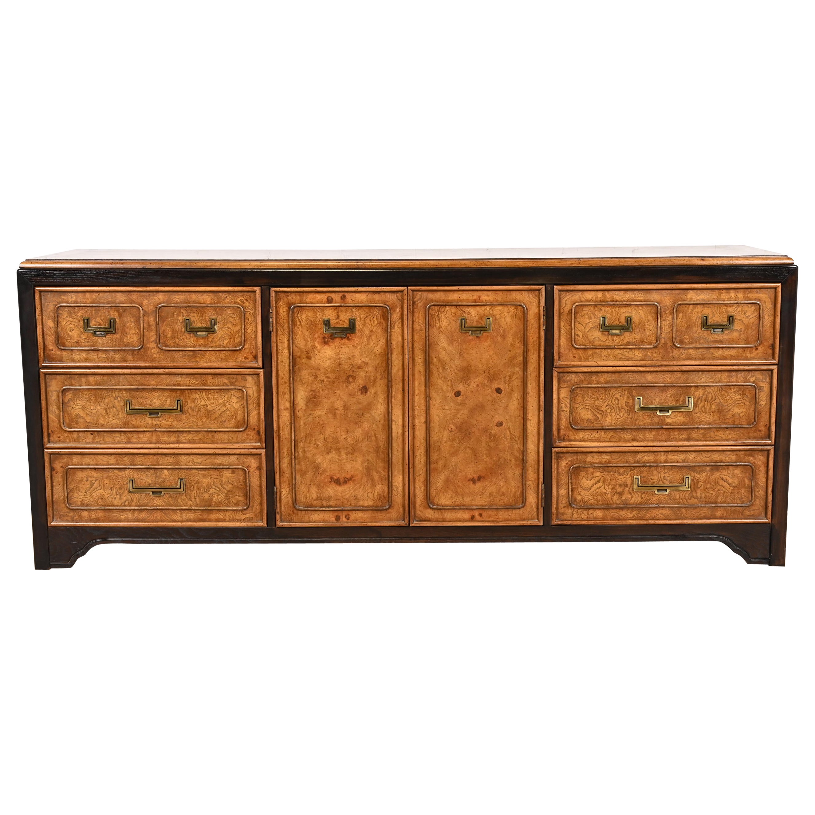 Hollywood Regency Chinoiserie Burl Wood and Ebonized Wood Dresser or Credenza