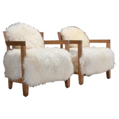 Vintage Set of Two Solid Oak and Off-White Sheepskin Chairs, Switzerland, 1970s
