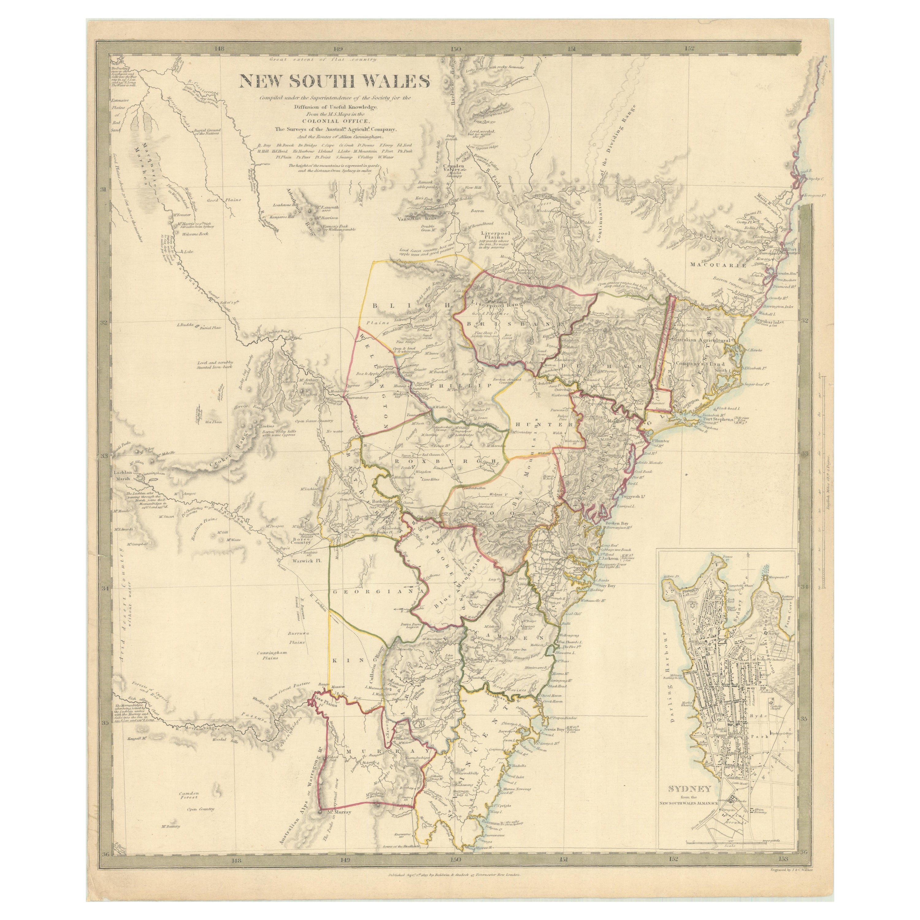 Detailed Map of New South Wales, Australia from 1833 by SDUK For Sale