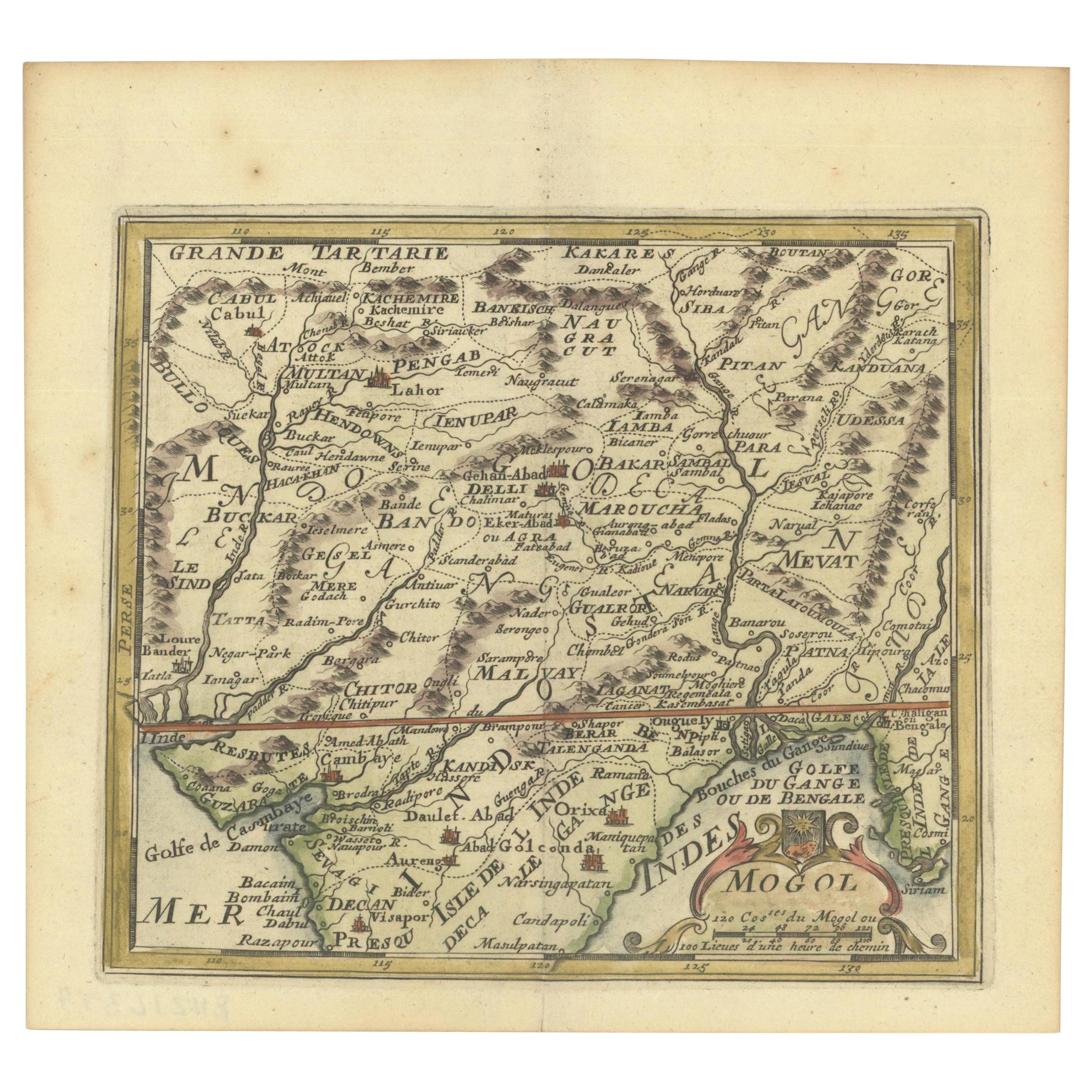 1692 Engraved Map: Detailed Mogul Empire, India to Afghanistan, Hand-Colored