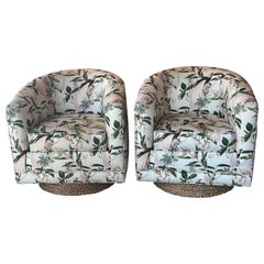 Vintage Pair of Newly Upholstered Botanical Bird Swivel Chairs Seagrass Base