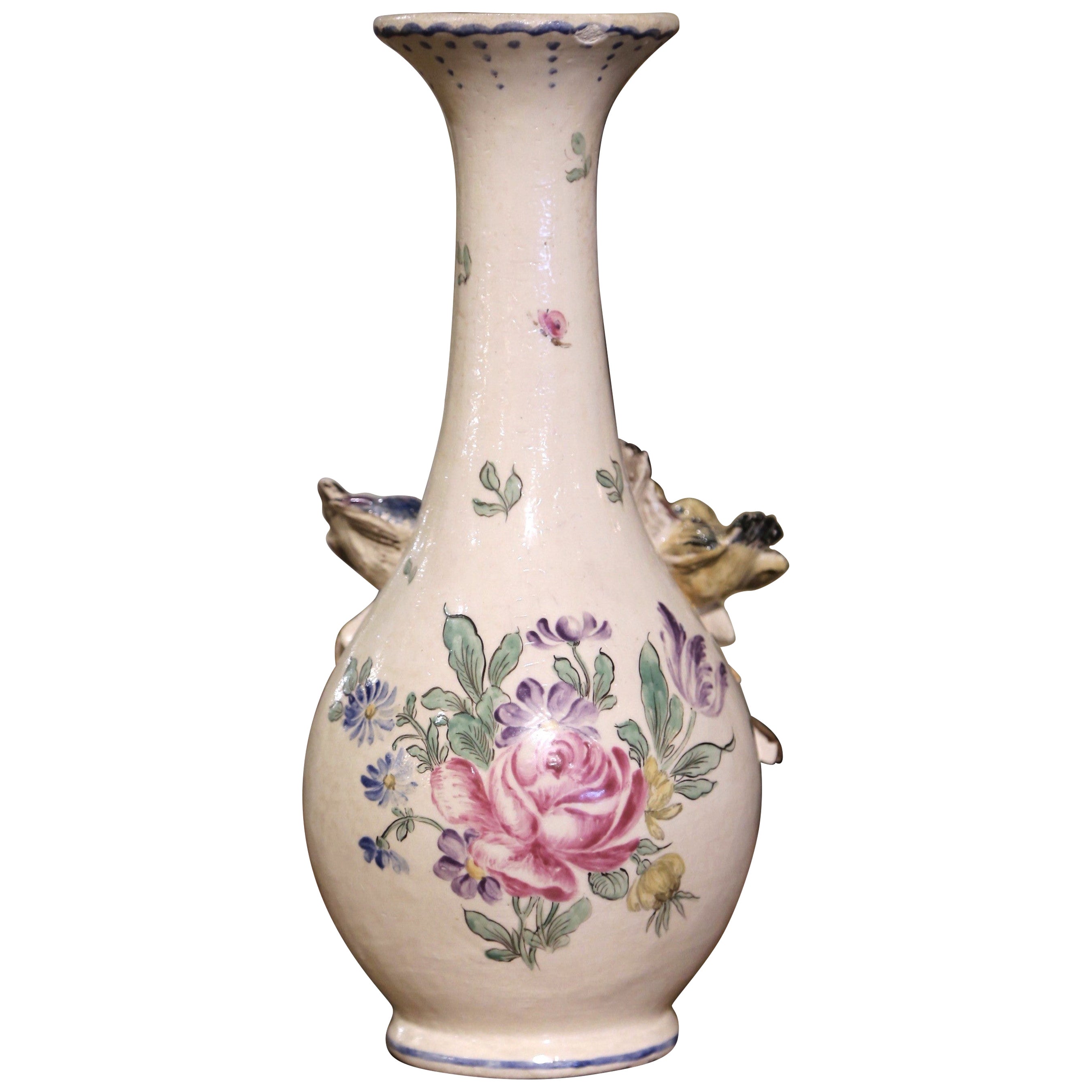 19th Century French Hand Painted Barbotine Faience Vase with Bird Motifs