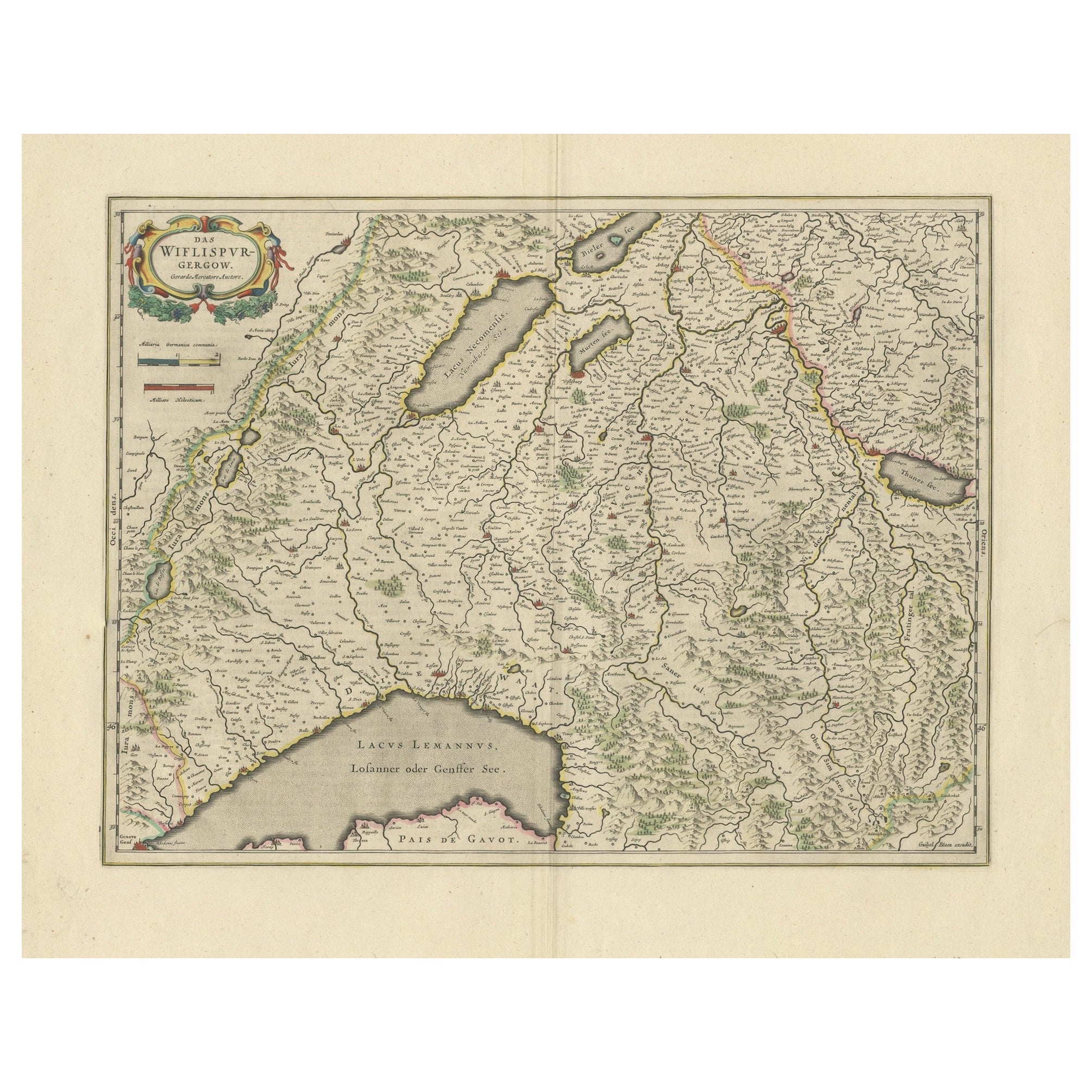Circa 1659 Willem Blaeu Map: Southwestern Switzerland with Geneva & Lakes