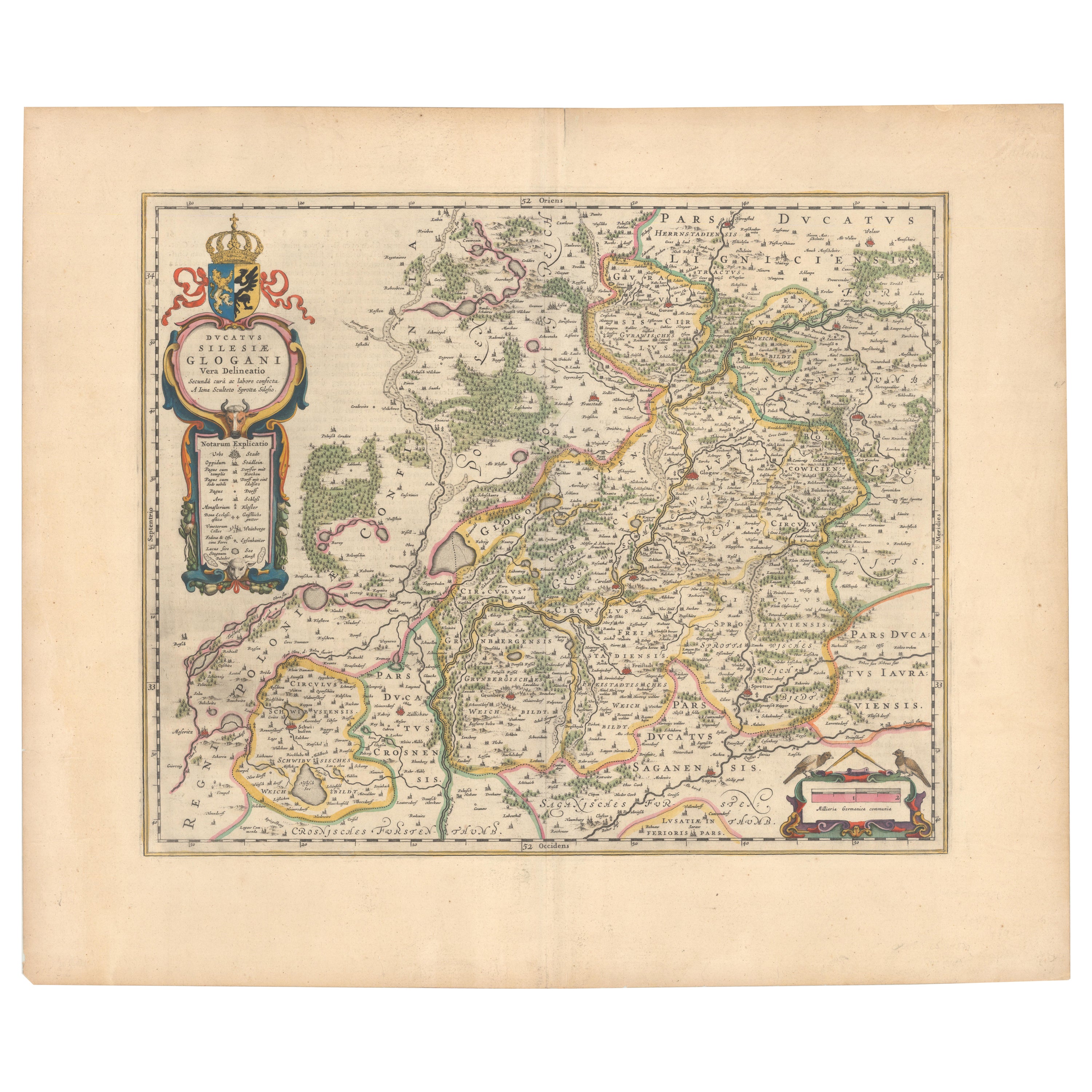 Circa 1659 Blaeu Family Map: Glogau and the Odra River Valley, Silesia For Sale