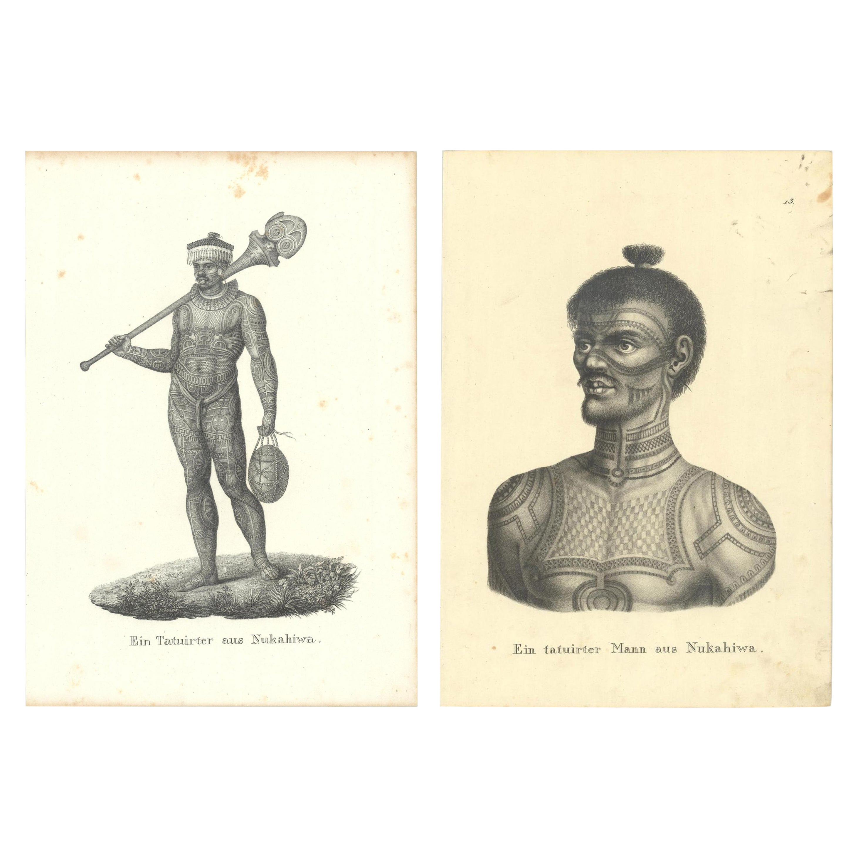 Stampe Schinz del 1830 circa: Uomini tatuati di Nuku Hiva, Isole Marchesi