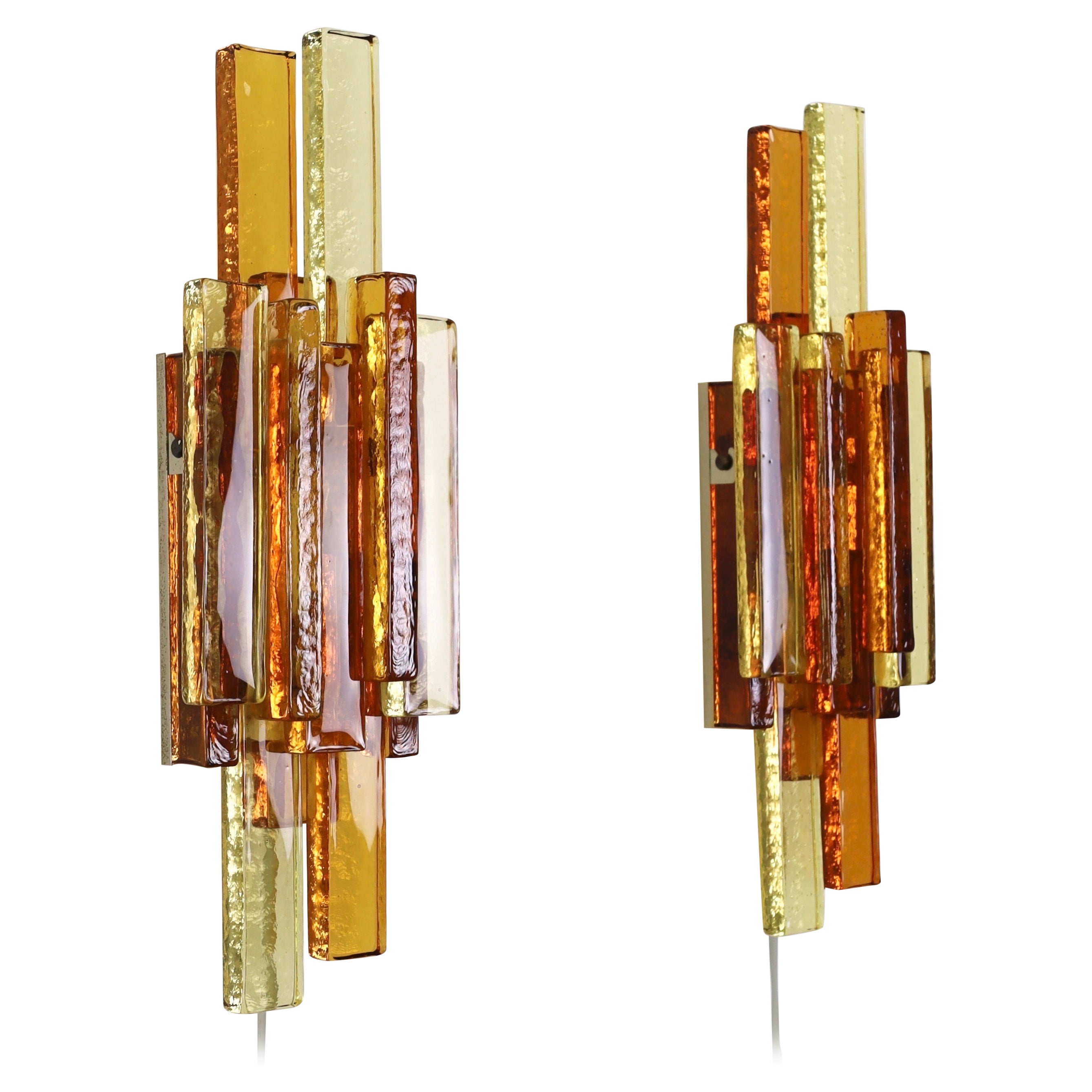 Pair of Yellow and Amber Glass Wall Lamps by Holm Sørensen, 1960s, Denmark