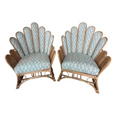 Vintage Pair of Peacock Fan Back Rattan Wicker Newly Upholstered Chairs