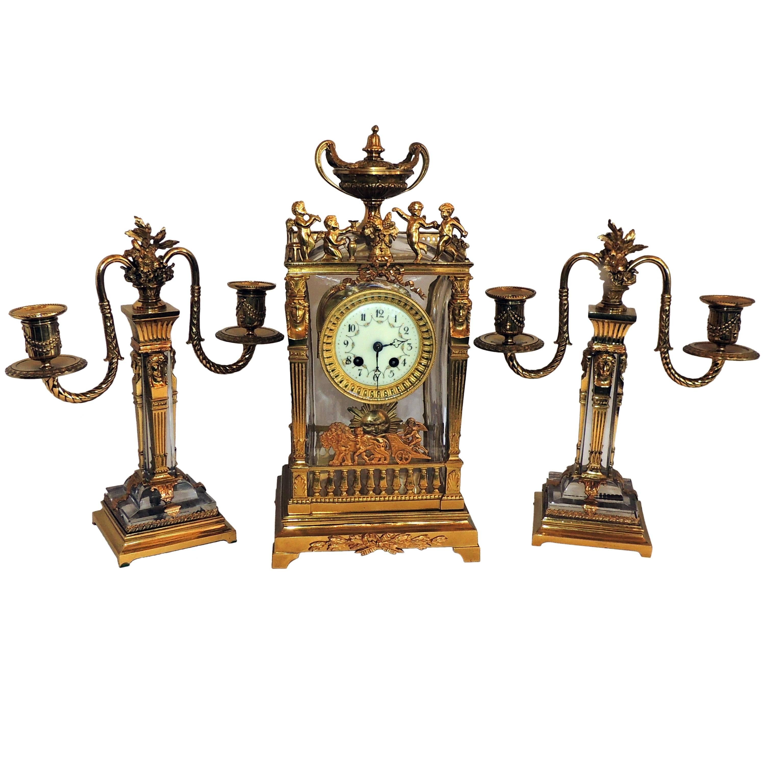 Wonderful French Three-Piece Gilt Bronze Crystal Glass Clock Set Suite Garniture
