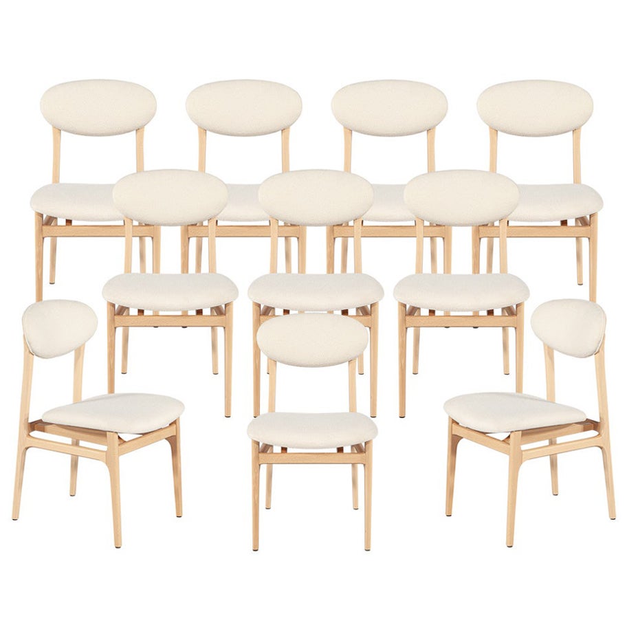 Set of 10 Carrocel Hendrick Dining Chairs in Natural Finish with Boucle Fabric For Sale