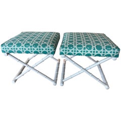 Vintage Pair X Benches Faux Bamboo Metal Patio Newly Upholstered & Powder-coated