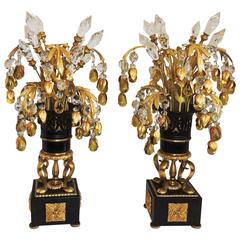Elegant Pair of Gilt Patina Bronze Crystal Drop Tole Neoclassical Jansen Lamps