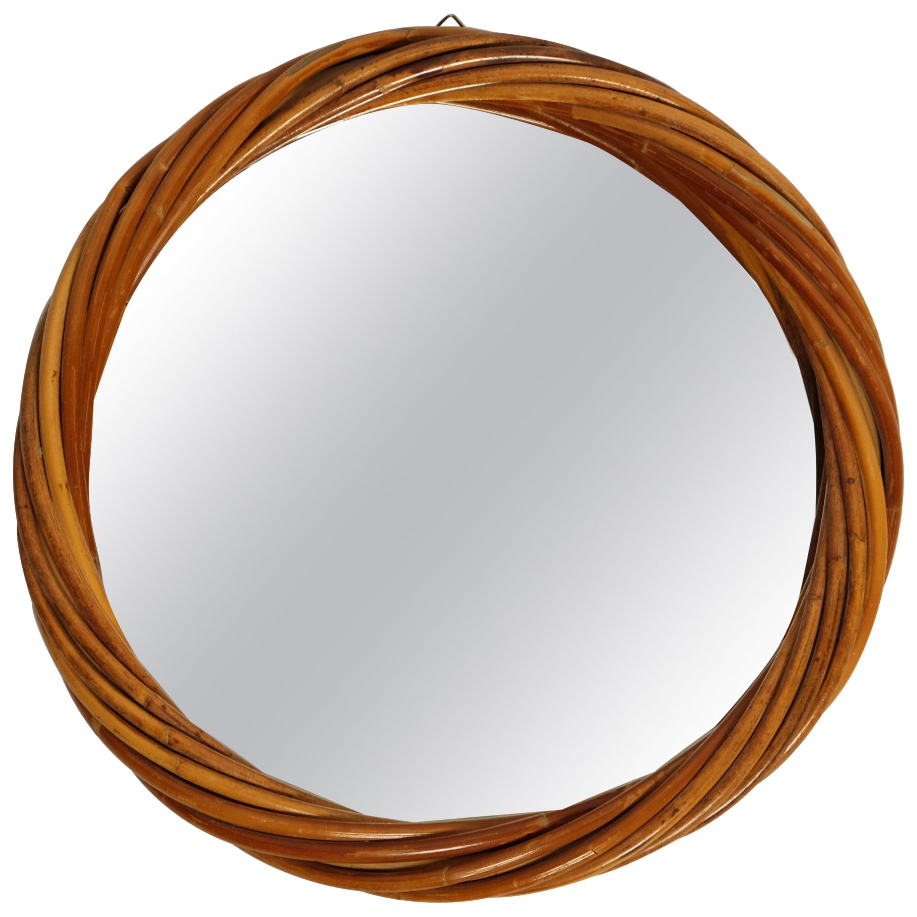 Round Mid-Century Rattan Mirror, Italy 1970s