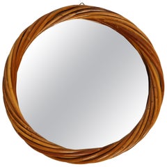Miroir rond en rotin du milieu du siècle, Italie, années 1970
