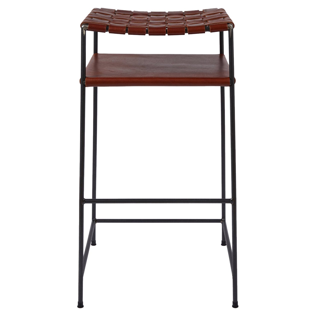 Woven Cognac Leather Bar Stool For Sale