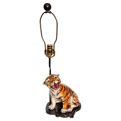 Mid Century Tiger Cat Ceramic Table Lamp Portuguese 1970s