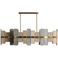 Long Brass Chandelier With Rectangular Murano Glass Panels