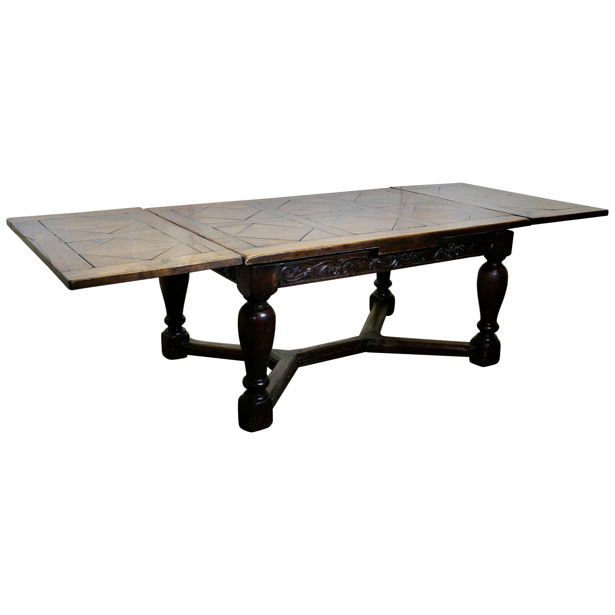 Large 19th Century Carved and Parquetry Oak Draw Leaf Table