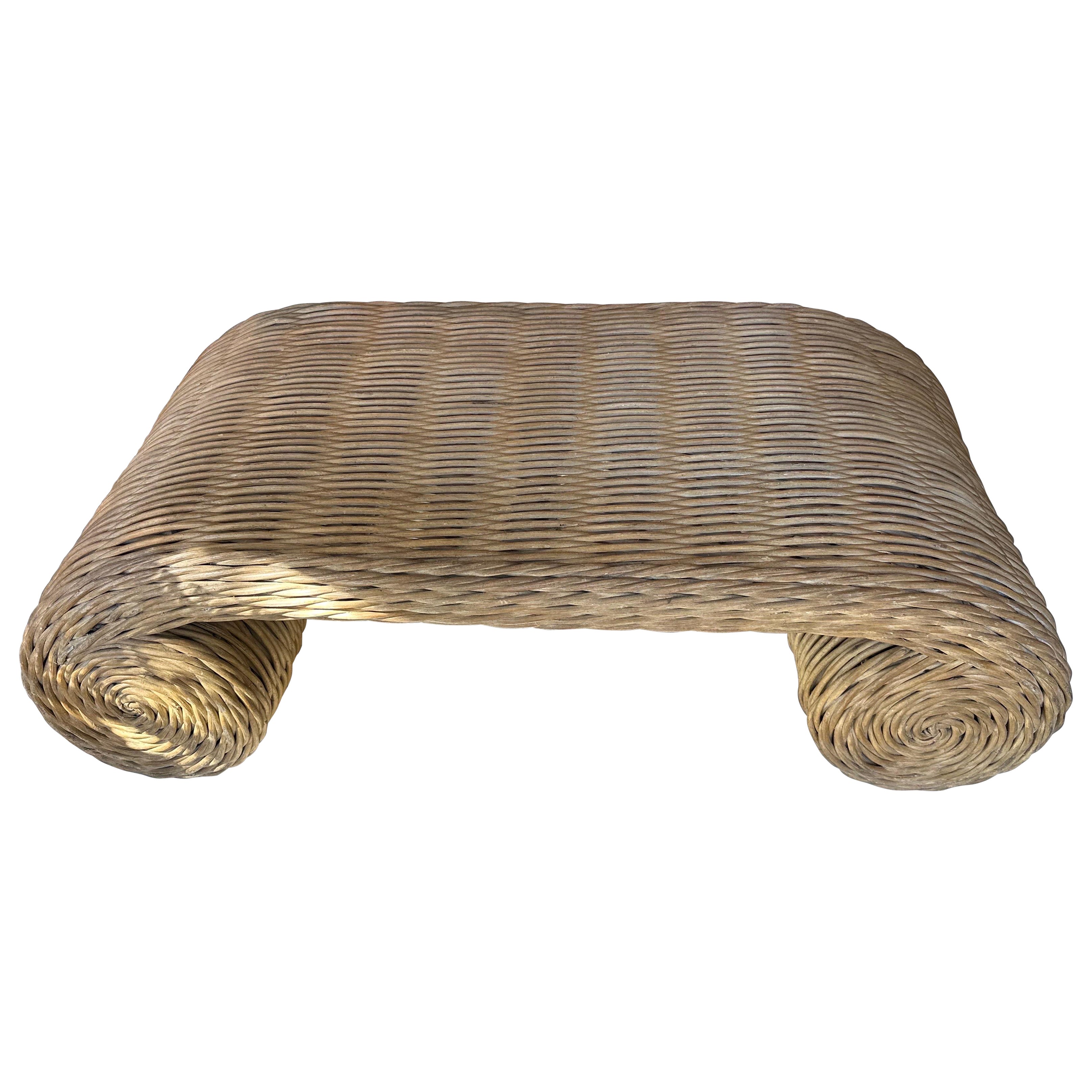 Vintage Coastal Palm Beach Twisted Wicker Scroll Ming Coffee Cocktail Table