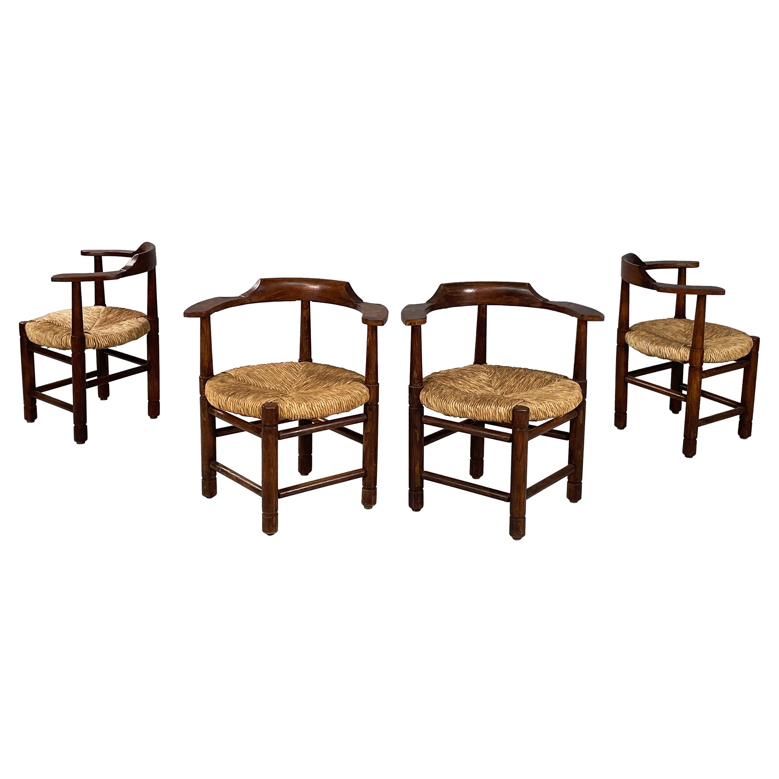 Italian mid-century modern Tub chairs in straw and wood, 1970s