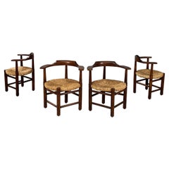 Italian mid-century modern Tub chairs in straw and wood, 1970s