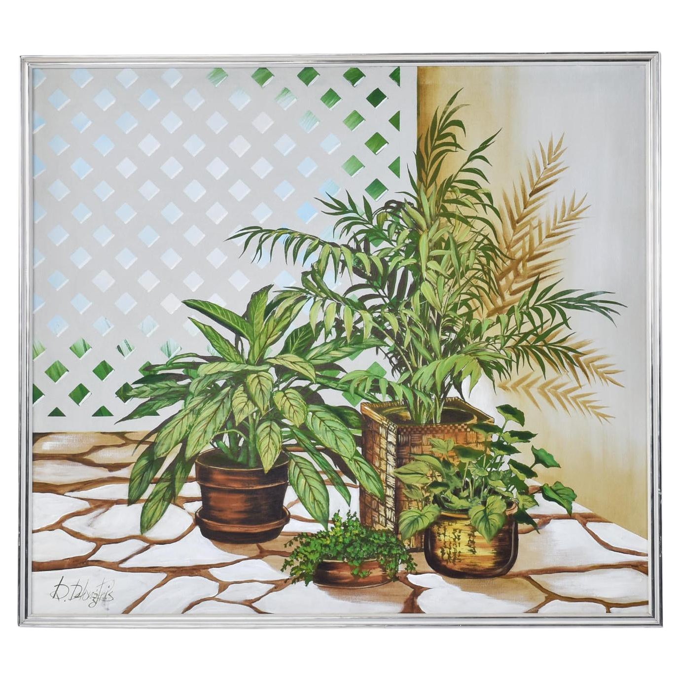 Vintage 1970s Large Green and White House Plant Painting by DeLongprie