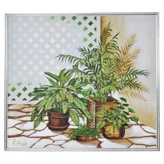 Vintage 1970s Large Green and White House Plant Painting by DeLongprie