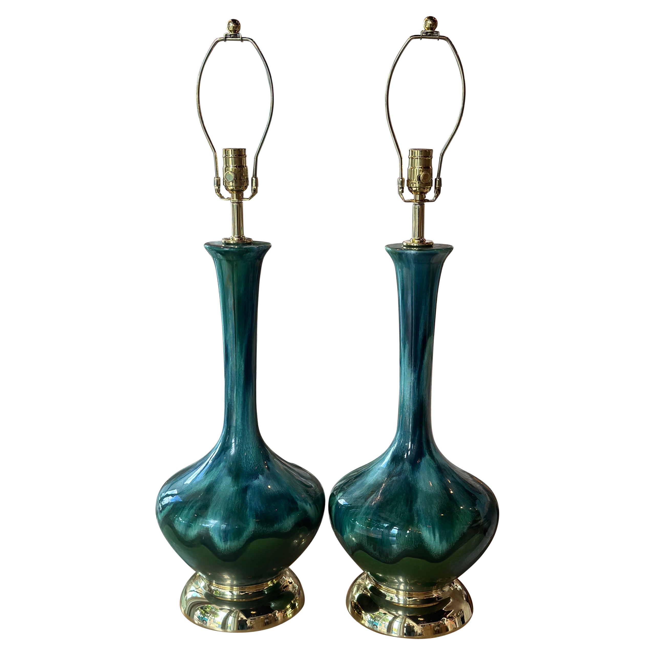 Vintage Pair 1960s Drip Glaze Blue Green Table Lamps Newly Wired Brass Bases For Sale