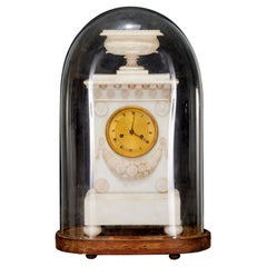 Antique 19th C. Tall Louis Philippe Carved Alabaster and Brass Clock Under Glass Dome