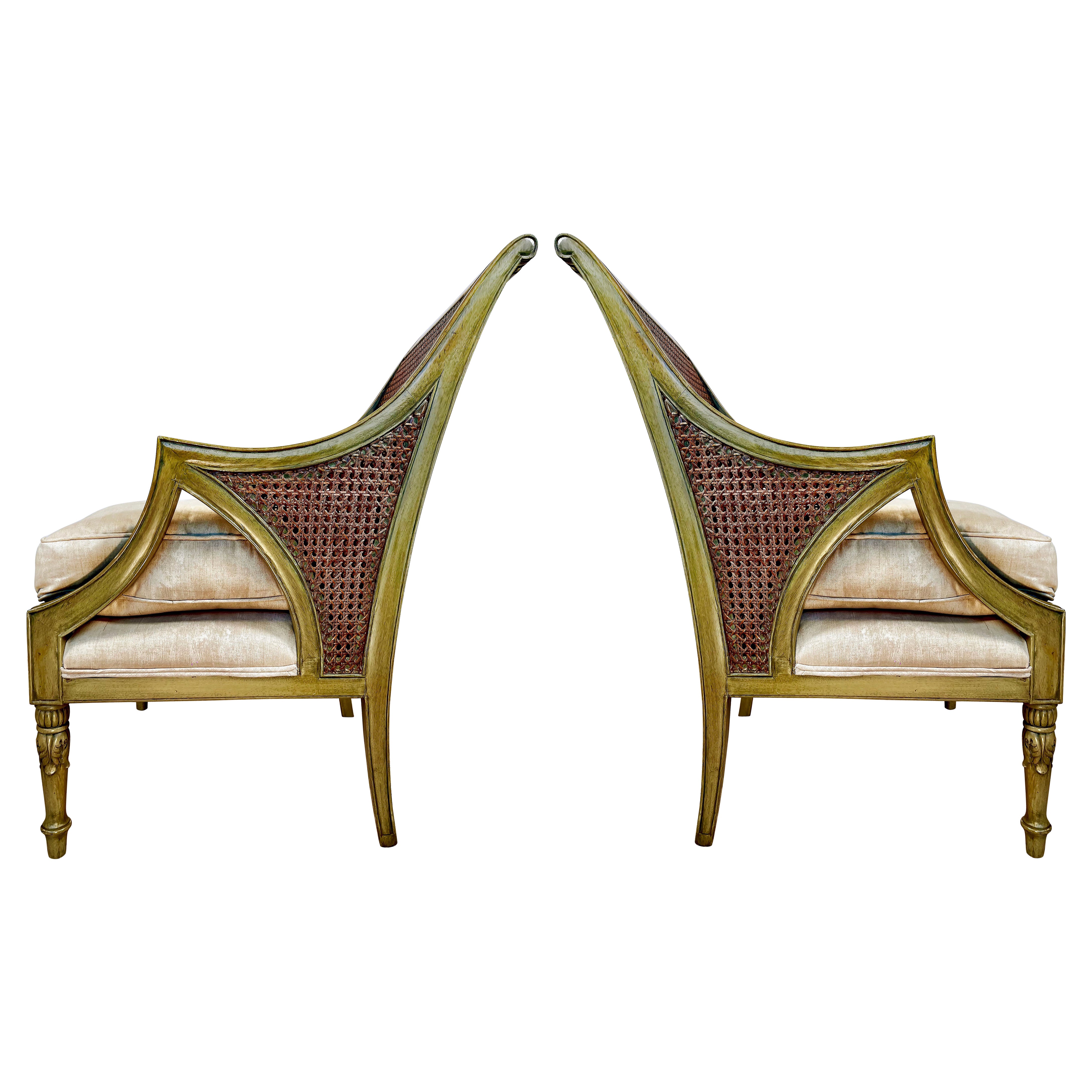 French Caned Painted Bergere Chairs Louis XVI Style, Loose Seat Cushions Pair