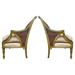 French Caned Painted Bergere Chairs Louis XVI Style, Loose Seat Cushions Pair
