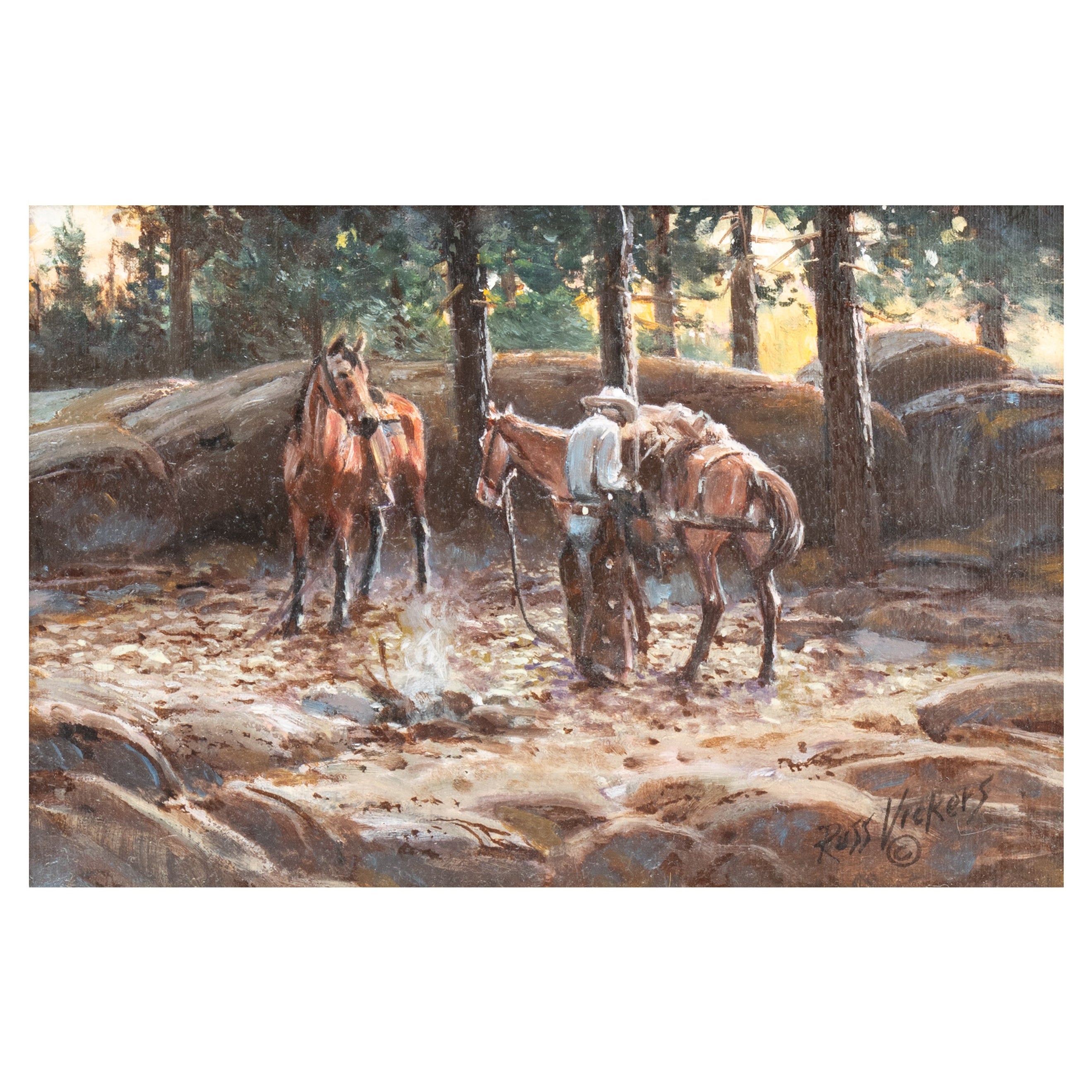 Breaking Camp Pittura ad olio originale di Russ Vickers in vendita