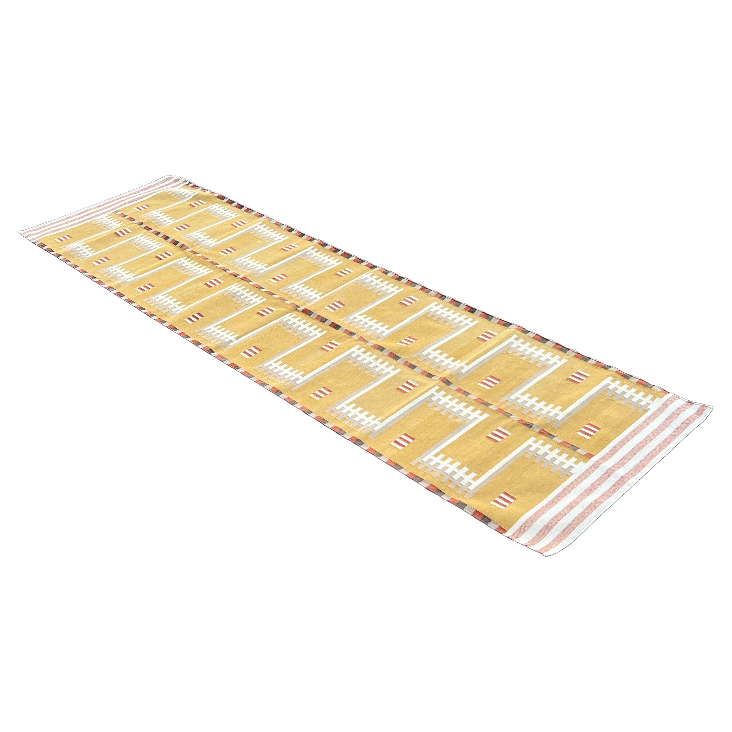 Handmade Cotton Area Flat Weave Runner, 3x10 Mustard Geometric Indian Dhurrie