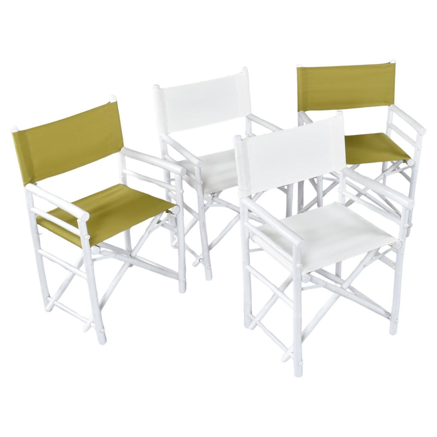 Lot de 4 chaises de directeurs pliantes en rotin blanc vintage, en bambou et en toile.