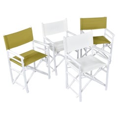 Set of 4 Vintage White Rattan Bamboo Canvas Sling Folding Directors Chairs