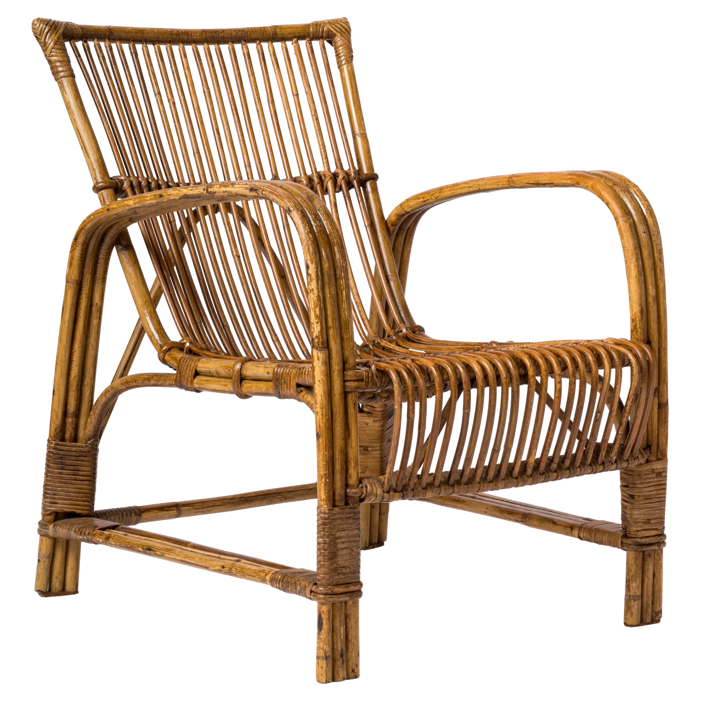 Single Mid Century Compact Rattan Armchair - France 1960's For Sale