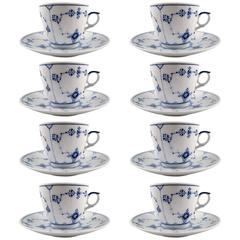 Eight Sets of Royal Copenhagen Blue Fluted Plain Coffee Cup and Saucer