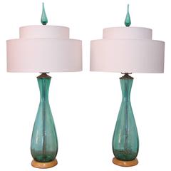 Retro Pair of Blue Green Glass Table Lamps by Blenko