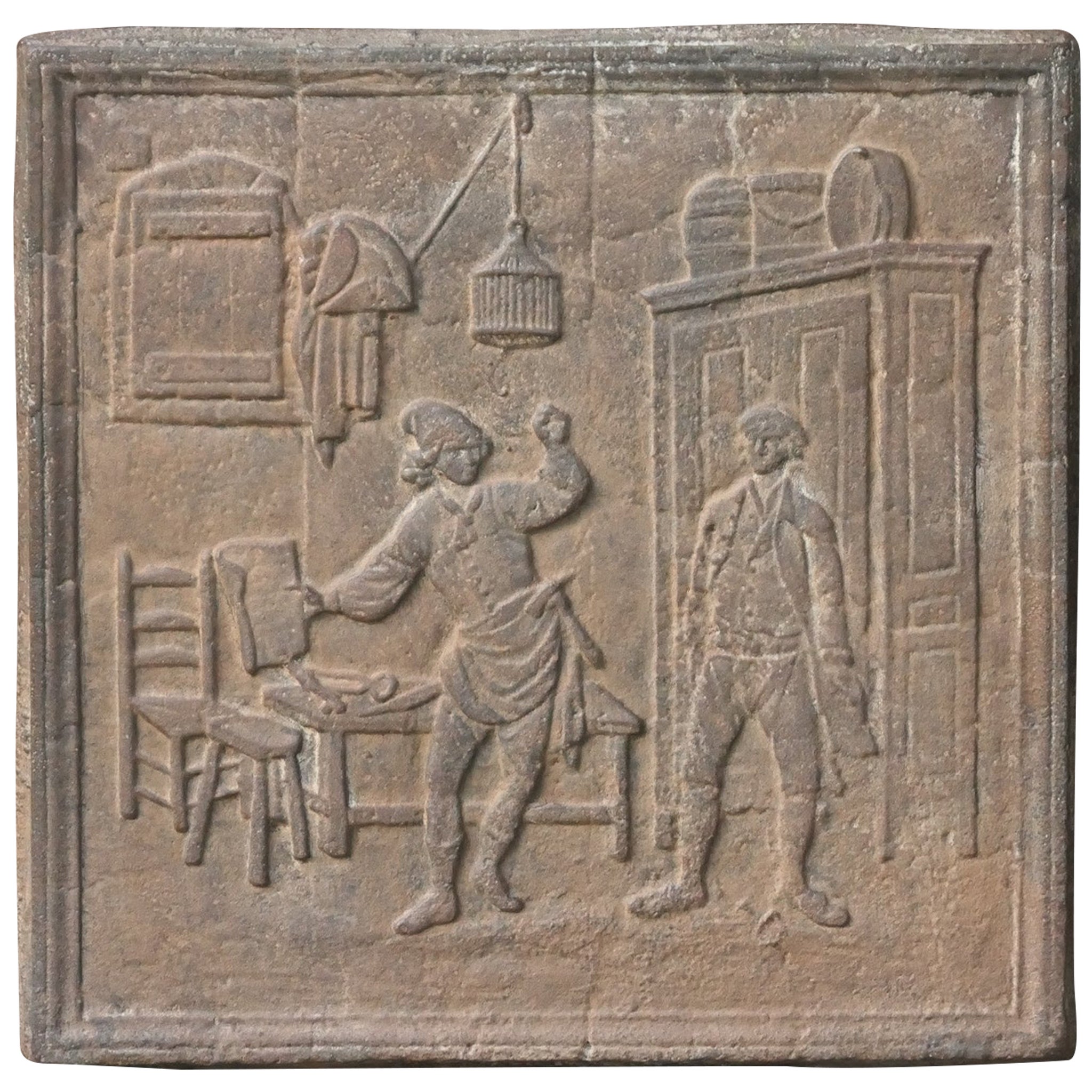 Plaque de cheminée / crédence française du 19e - 20e siècle « The Cobbler and the Financier » en vente