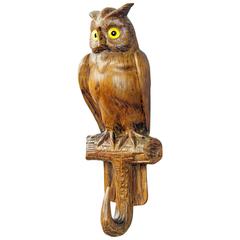 Antique Black Forest Carved Wood Owl Whip Hook