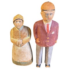Carving Wooden Sculptures A Set Of 2 Antique Decorative Figurines of Man & Woman