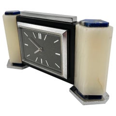 Vintage Art Deco Mantel Clock with Lapis Lazuli, White Onyx and Chrome, English