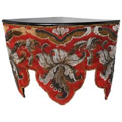 19th Century Victorian Mahogany Corner Wall Shelf with Glass Beaded Tapestry