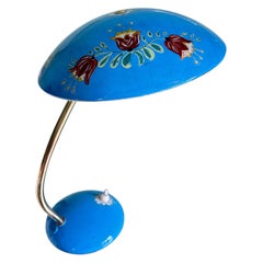 Vintage Mid-Century Modern Table Lamp in Brass and Blue with Hand-Painted Flowers