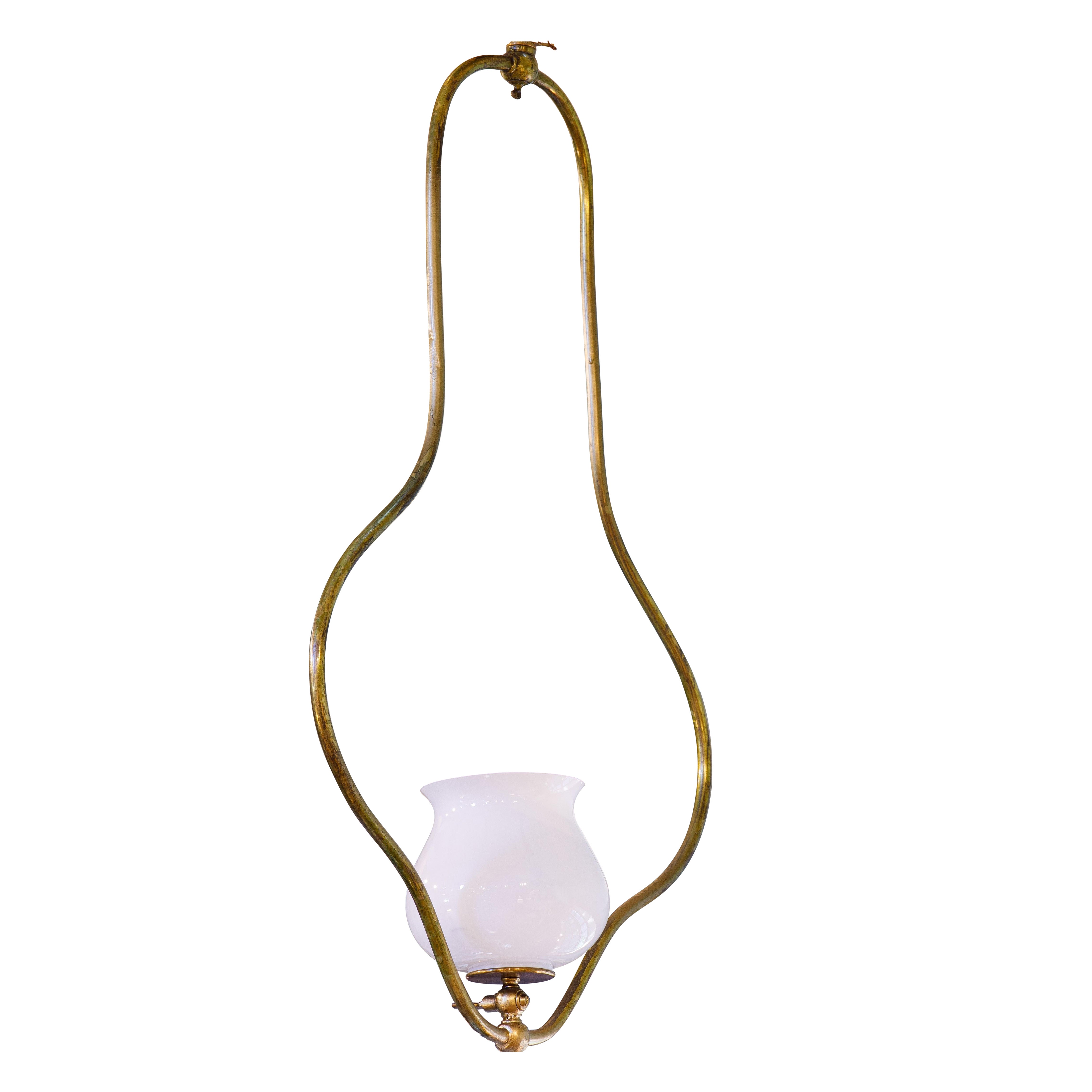 Timeless, Simple Brass and White Glass Pendant, Lantern, or Parlor Light For Sale