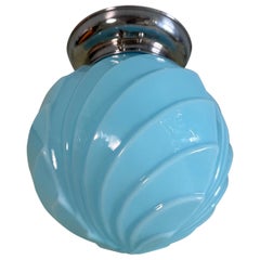 Vintage Art Deco Modernist Baby Blue Molded Glass Flush Mount Ceiling Light