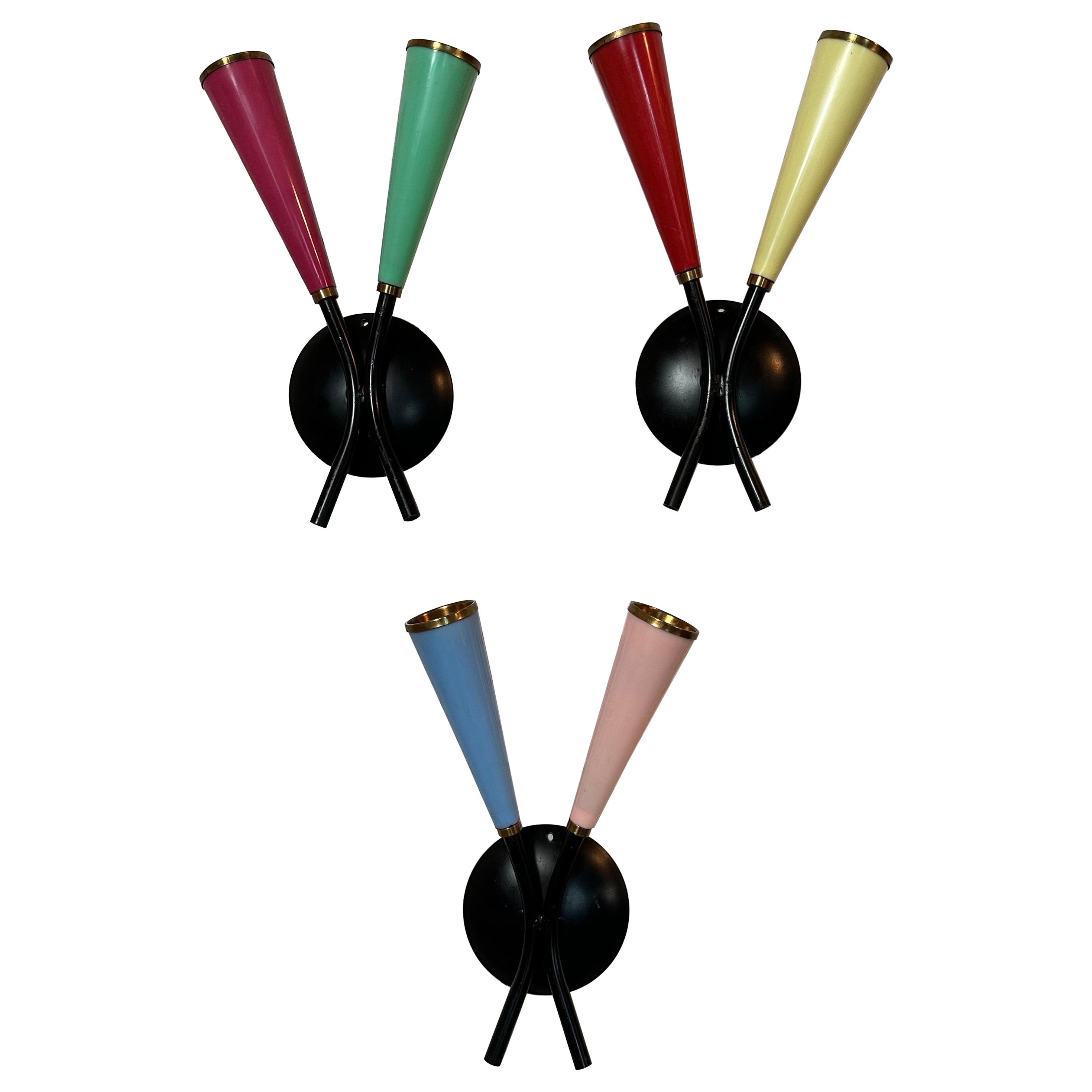 Vintage Set of 3 Italian 2-Arm Sconces with Multicolored Cones, Black and Brass